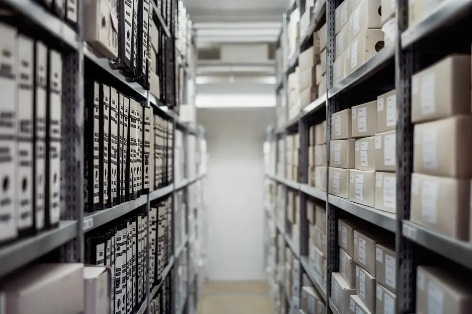 Shelf of labeled folders and archive boxes for household documents