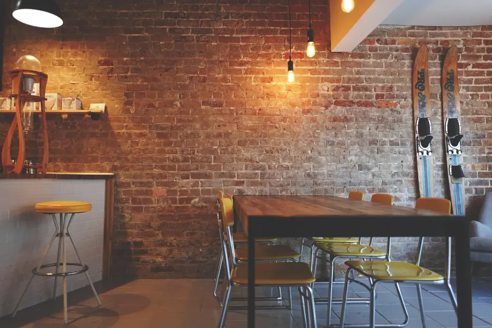 brick wall, chairs, furniture, interior design