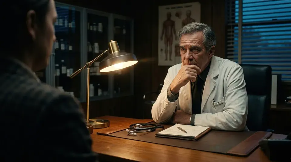 A doctor talking with a patient in a clinic room