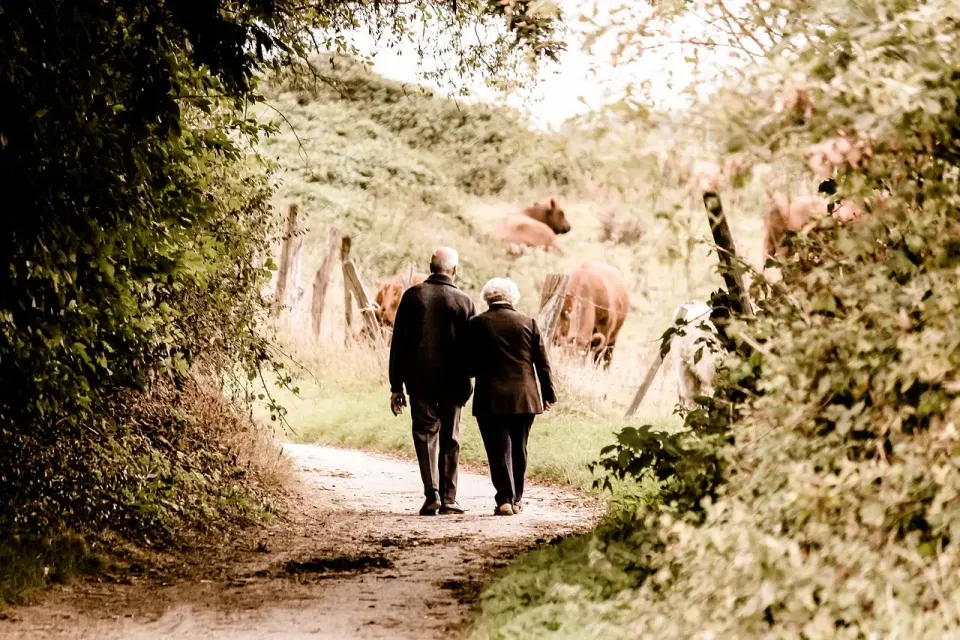 Older couple walking together along a country trail